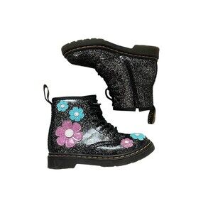 Dr. Martens 1460 Girls Boots Size 10 Black Glitter Floral Lace-Up Side Zip